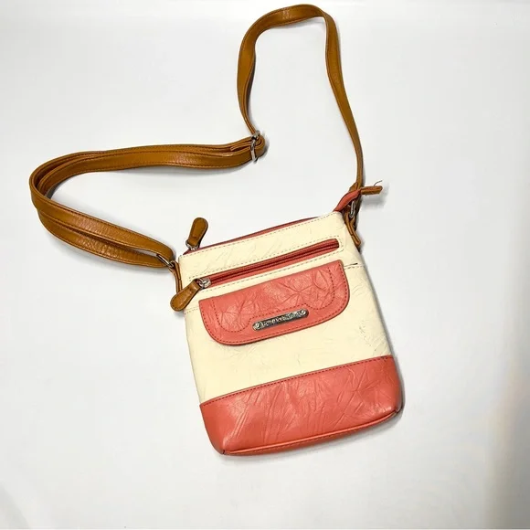 STONE MOUNTAIN Leather Crossbody Bag in Cream and Pink Zip Pocket - Picture 1 of 10